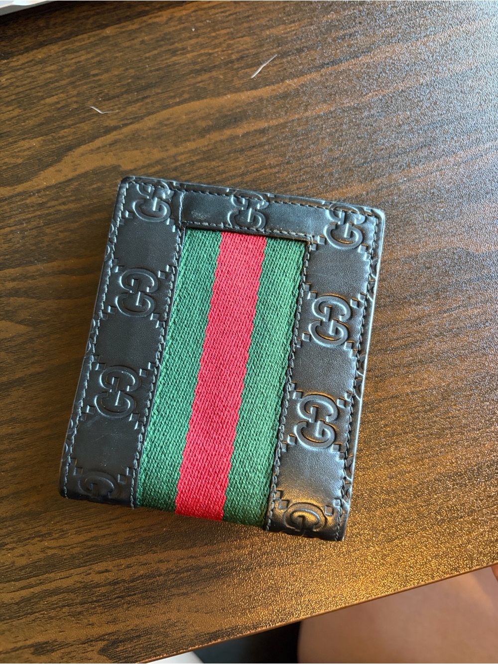 Gucci Black Leather Card Holder with Green and Red Web Stripe